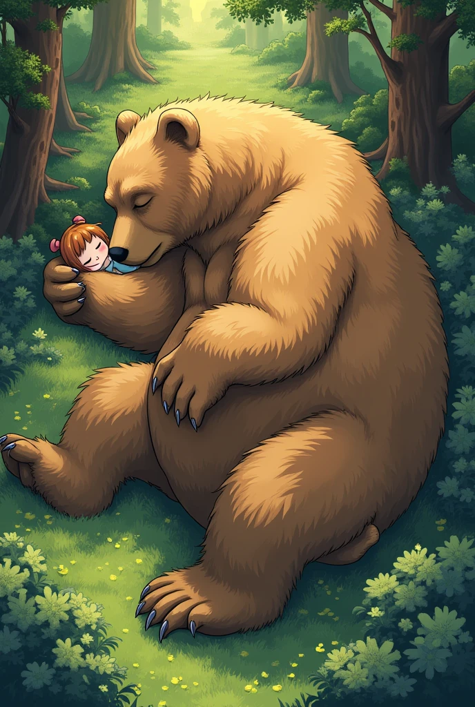a giant brown bear sleeping belly up, a girl the size of a cat sleeping on the bear's belly, anime style illustration, super detailed, forest, lush green grass, tree shades, vibrant color, sun ray, top-down view