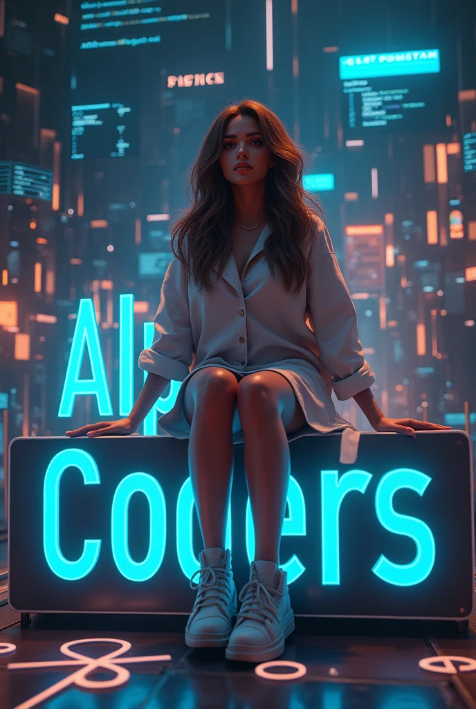 a detailed portrait of Ariana Grande sitting on a giant sign that says "Alpha C0ders" with a background of Python and JavaScript programming themes, highly detailed, photorealistic, cinematic lighting, dramatic composition, digital art