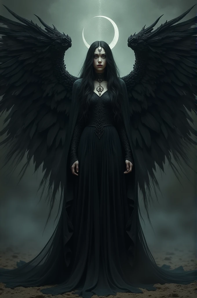 Portrait of Ancient deity with black wings, dark hair and black dress with Moon drawing on forehead