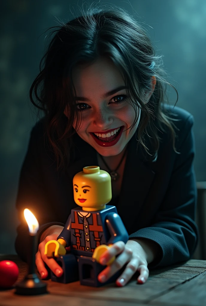 a gothic age girl with a crazy laughing face, playing with a LEGO doll, disheveled hair, insane eyes, (best quality,4k,8k,highres,masterpiece:1.2),ultra-detailed,(realistic,photorealistic,photo-realistic:1.37),dark moody lighting,dramatic shadows,cinematic composition,rich saturated colors,surreal,unsettling,eerie,haunting