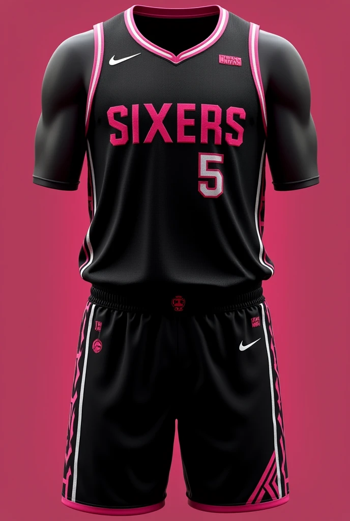 create a basketball jersey design with these details please:

team name: sixers
colors: whole black and hints of pink
looks: just small black line designs and white tribal lines at the side
font style: pink colored modern text
logos: no logo is fine

include a number also please