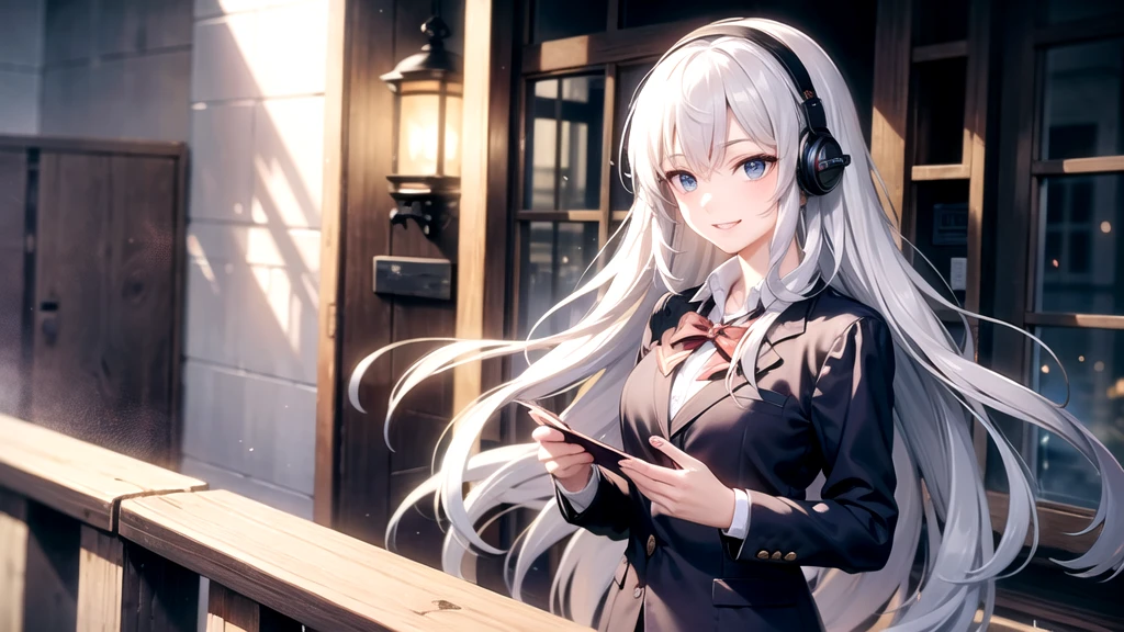 Top quality, long silver haired schoolgirl, uniform, blue eyes, smile,Integrate with music