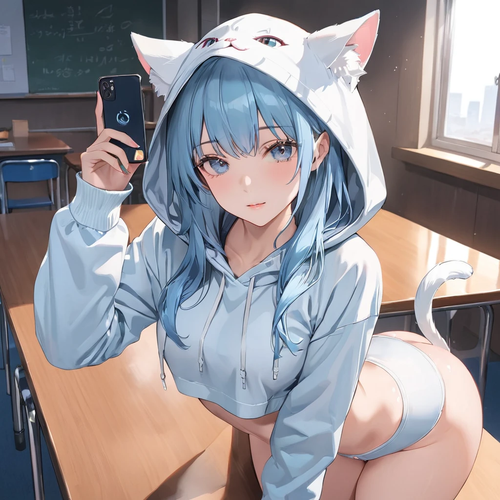 (nsfw:1.6), (anime art),(masterpiece),(highest quality:1.2),((Perfect Anatomy)),(Perfect Fingers:1.3),(1 girl),(solo),(white hoodie costume:1.3),(put a hood on head:1.3),(white cat ears on hood:1.3),beautiful and detailed blue eyes,girl with a pretty face,pastel blue hair,(Hold a smartphone with one hand and operate it with one hand),(in blue classroom),(table),(pastel blue theme), (crop top) (pussy exposed)(stomach exposed) (pussy exposed) (thighs) ,wide shot 