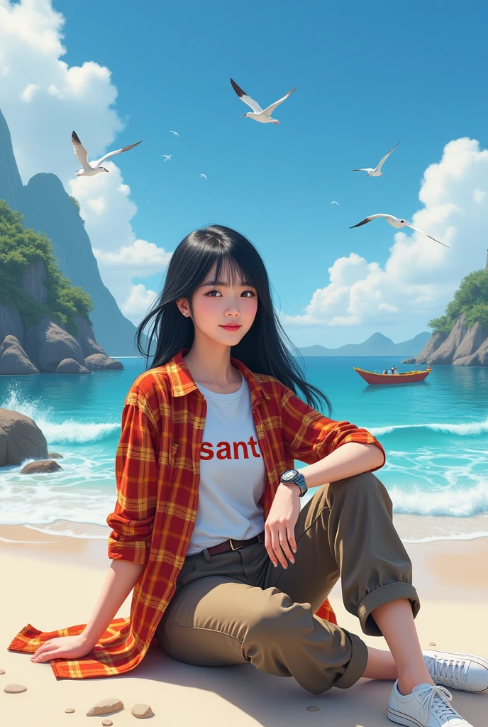 Beautiful Korean girl with smooth white skin, well-groomed face, long straight black hair, red and orange checkered shirt, white t-shirt with the Santi logo, brown cargo pants, cool watch, white shoes posing sitting on the beach, background, sea waves, boat fishermen, seagulls flying. clear blue sky, very beautiful, mountains and waterfalls, the original photo is realistic