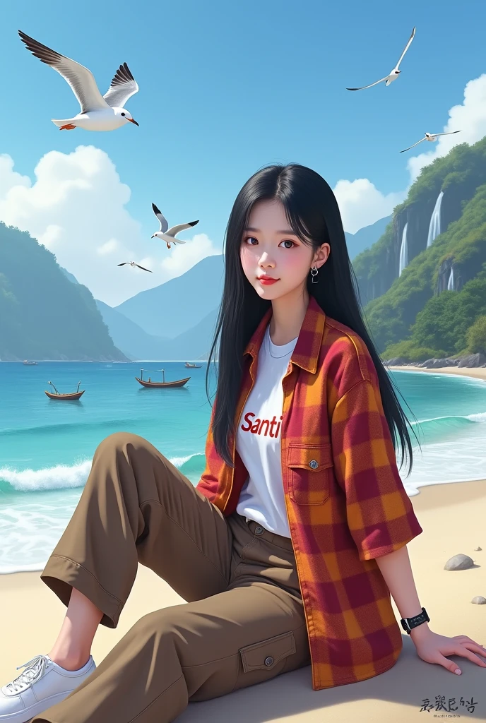 Beautiful Korean girl with smooth white skin, well-groomed face, long straight black hair, red and orange checkered shirt, white t-shirt with the Santi logo, brown cargo pants, cool watch, white shoes posing sitting on the beach, background, sea waves, boat fishermen, seagulls flying. clear blue sky, very beautiful, mountains and waterfalls, the original photo is realistic