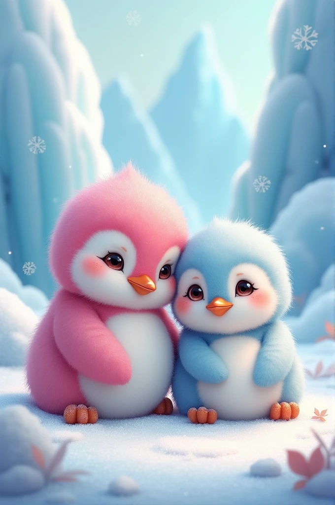 An illustration of two very baby penguins, one fuchsia pink and the other light blue. 