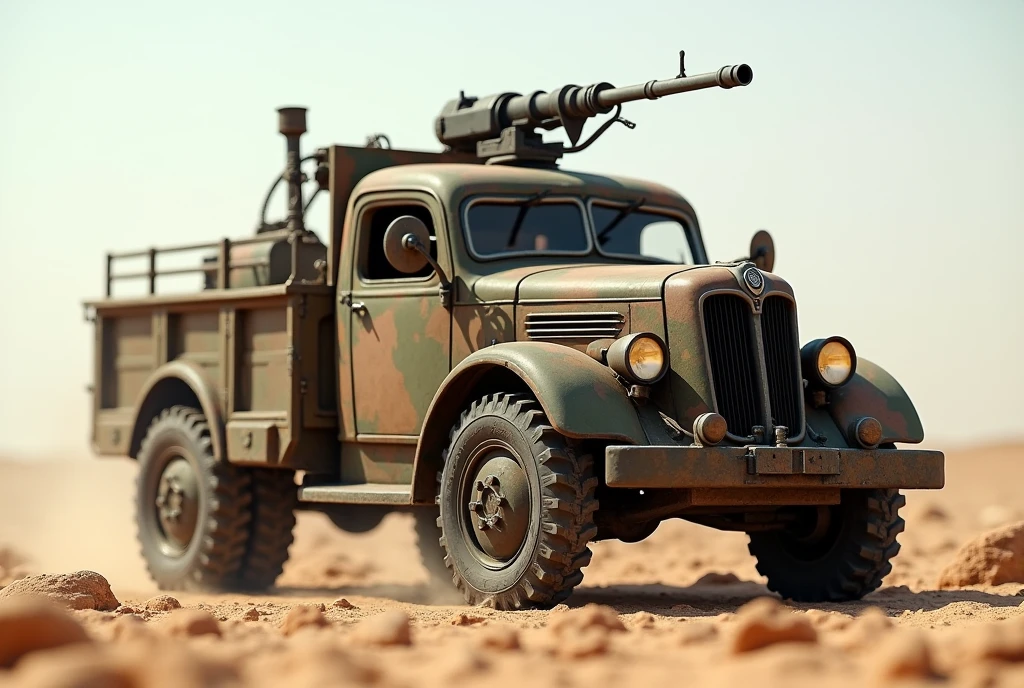 アルファロメオ第二次世界大戦ハーフtruck、Shallow depth of field、(masterpiece:1.3) (最high quality:1.2) (high quality:1.1)、Cinematic Light, ((Cinema Lighting),(Natural light),(High level of artistry),(artistic),(Genuineと見分けがつかない品質),RAW Photos,Genuine,Genuine,High resolution,RAW Photos,masterpiece, beautiful,Roof hatch and roof mounted machine gun.Heavily armed, Taliban, Armed guerrillas, Heavy Armor, Military Vehicles, Military weapons, Military equipment, truck, Camouflage,desert