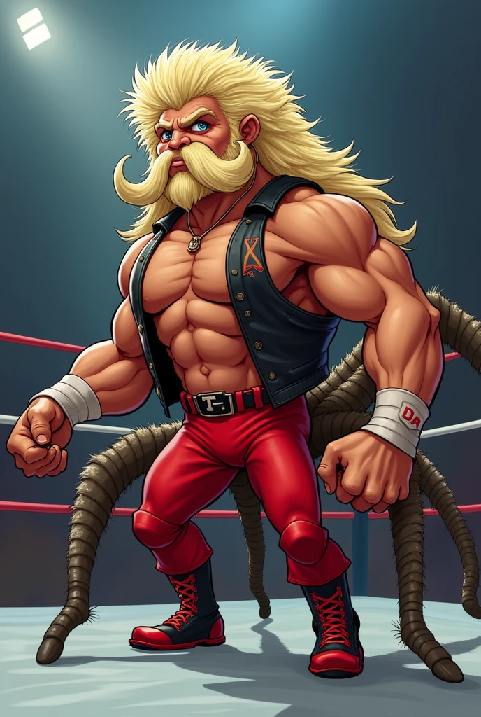 Cartoon Tarantula dressed like NWA wrestler Magnum TA.
Cartoon Tarantula head. Cartoon Tarantula hands. Cartoon Tarantula body. Cartoon tarantula arms. Cartoon tarantula legs.
Frizzy blonde mullet head hair. Bushy blonde mustache. Muscular.
Red trunks. Black leather vest. Standing in a wrestling ring.