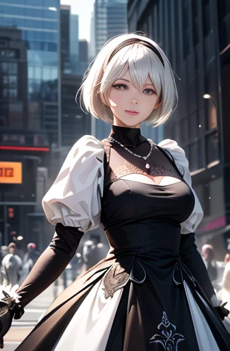 8k, ultra realistic, masterpiece, best quality, ultra detailed, beautiful face, beautiful skin, photorealistic, (professional lighting:1.2), nier_automata, 2B, light smile, pearl necklace, looking at viewer, cowboy shot, focus on face, ultra sharp, on street in business district, ultra detailed photo background, (((with the crowd)))