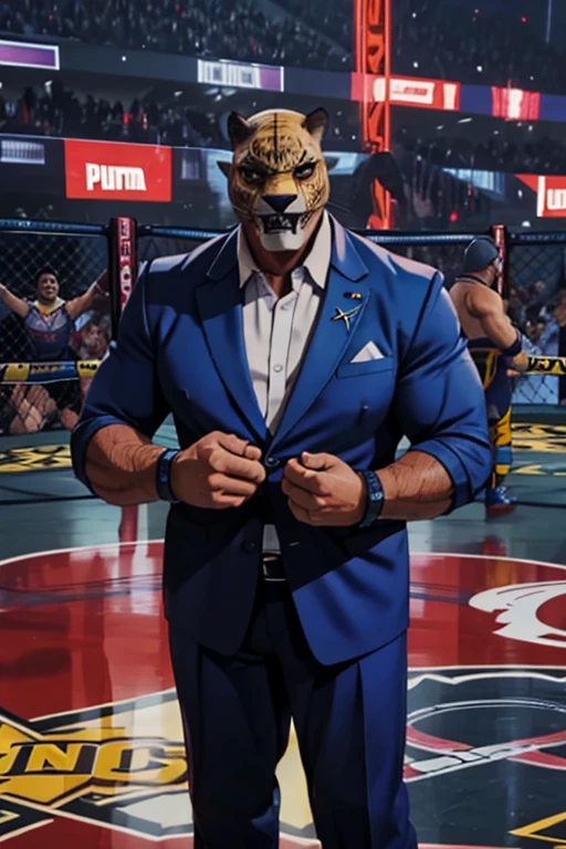 Hispanic 60 years old, big muscles, heavyweight wrestling build, puma mask, nice suit, male.