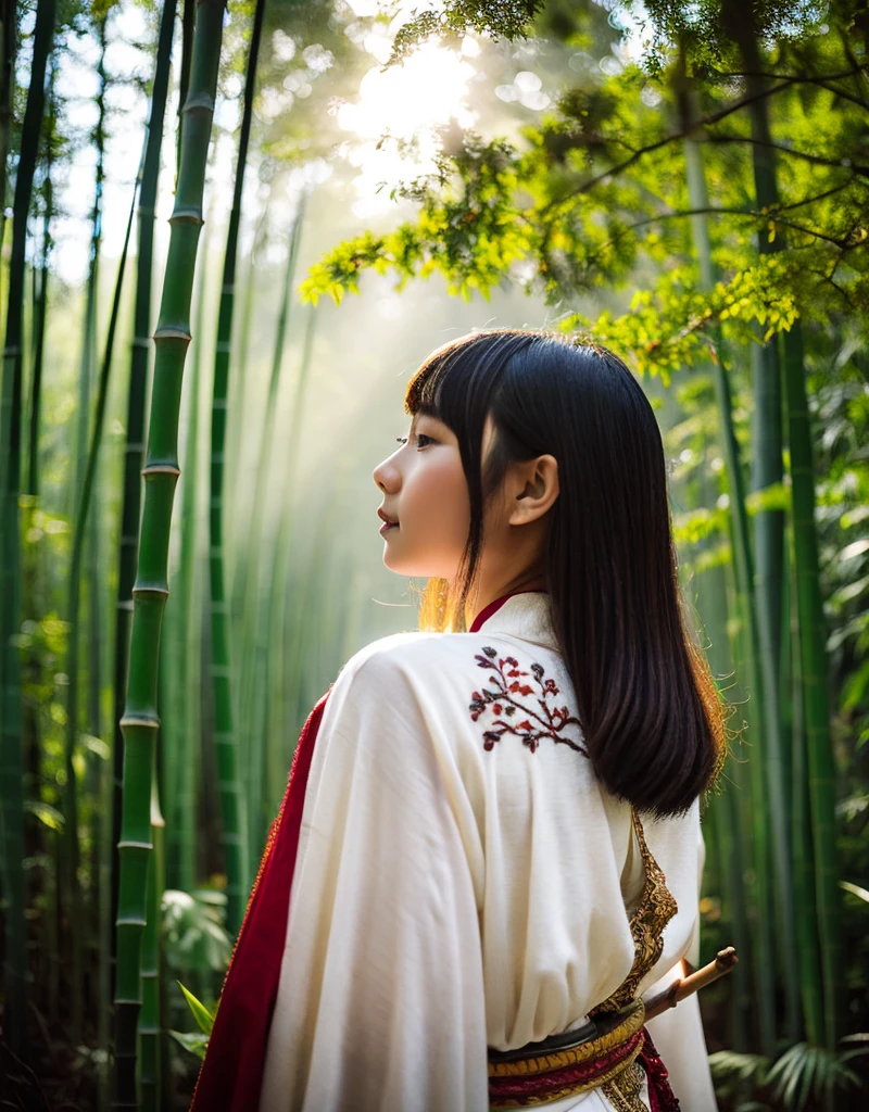 girl[Thai]A beautiful woman stands amidst a dense forest of mist. She wears an elaborate robe with nature-inspired embroidery and holds a[Bamboo walking stick] Her long dark hair, adorned with an intricate hair clip, flowed down her back. Soft light filtered through the trees, creating a quiet and beautiful atmosphere.