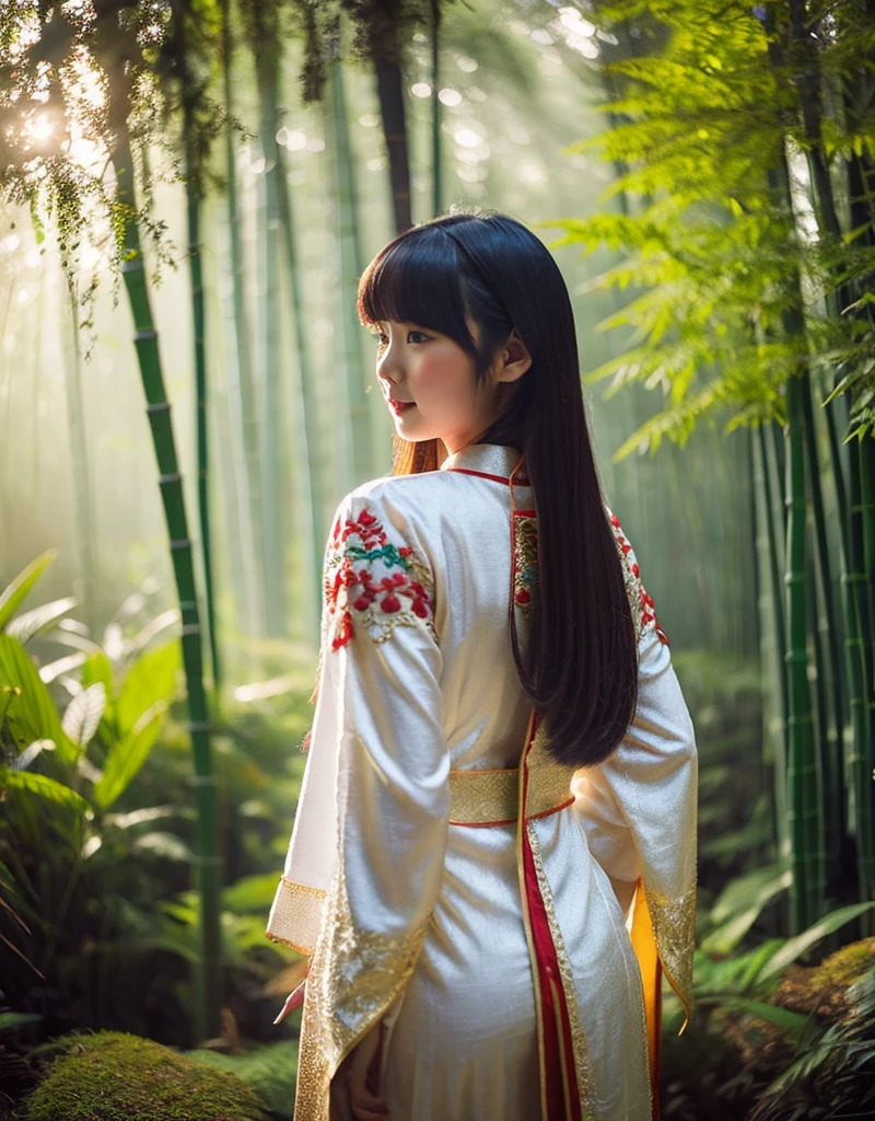 girl[Thai]A beautiful woman stands amidst a dense forest of mist. She wears an elaborate robe with nature-inspired embroidery and holds a[Bamboo walking stick] Her long dark hair, adorned with an intricate hair clip, flowed down her back. Soft light filtered through the trees, creating a quiet and beautiful atmosphere.