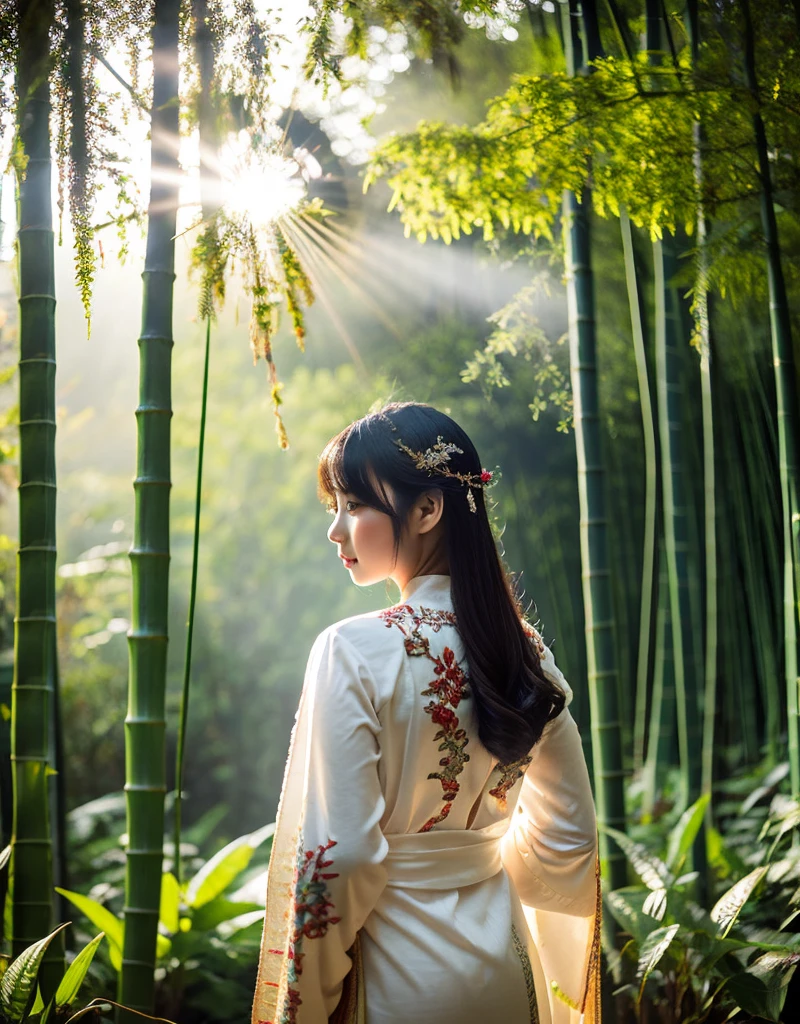 girl[Thai]A beautiful woman stands amidst a dense forest of mist. She wears an elaborate robe with nature-inspired embroidery and holds a[Bamboo walking stick] Her long dark hair, adorned with an intricate hair clip, flowed down her back. Soft light filtered through the trees, creating a quiet and beautiful atmosphere.