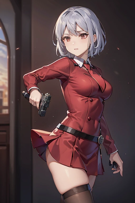 Highest quality、Ultra HD、One Woman、(Silver short hair)、(Red blazer 1.3)、(Red tie)、(shirt)、(Red Heel 1.1)、((Red Mini Tight Skirt))、((Black tights 1.2))、((Shooting with a gun in each hand.5))、Stylish、Beautiful Faces、(Black belt 1.2)、2 female、Glamorous Body、(Sunset slum background 1.2)、((A clear and beautiful touch))