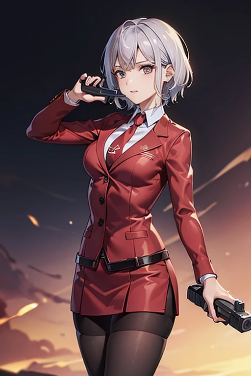 Highest quality、Ultra HD、One Woman、(Silver short hair)、(Red blazer 1.3)、(Red tie)、(shirt)、(Red Heel 1.1)、((Red Mini Tight Skirt))、((Black tights 1.2))、((Shooting with a gun in each hand.5))、Stylish、Beautiful Faces、(Black belt 1.2)、2 female、Glamorous Body、(Sunset slum background 1.2)、((A clear and beautiful touch))