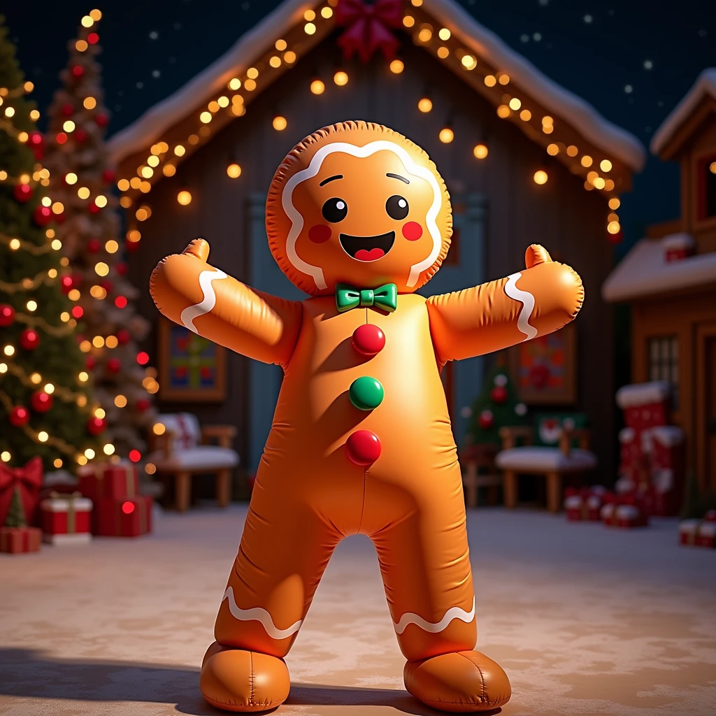 an actor with Inflatable gingerbread man custome on a Christmas Show Stage, (Practical, RAW photos, Super Fine), Practical Light