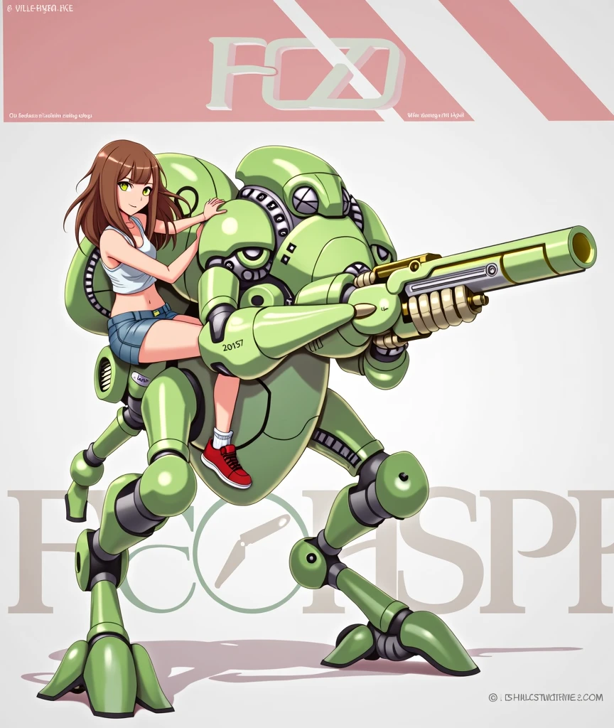  girl ridding a green robot with a gun, (hair swept bangs:1.3), (long brown hair:1.3), seapunk mecha, mecha, yellow eyes, weapon, gun, 1 humans, robot, mecha, anime style, from girls frontline, fine details. girls frontline, girls frontline universe, girls frontline style, girls frontline, girls frontline cg, soft anime illustration, 2 0 2 2 anime style, 2022 anime style, pixiv contest winner, pretty anime character design, render of april