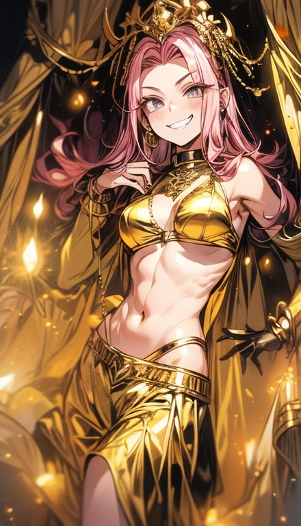 A smug narcissistic pink haired woman wearing a golden bra and golden pants and lots of jewelry flaunting herself