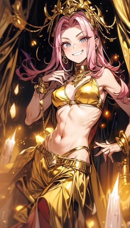 A smug narcissistic pink haired woman wearing a golden bra and golden pants and lots of jewelry flaunting herself