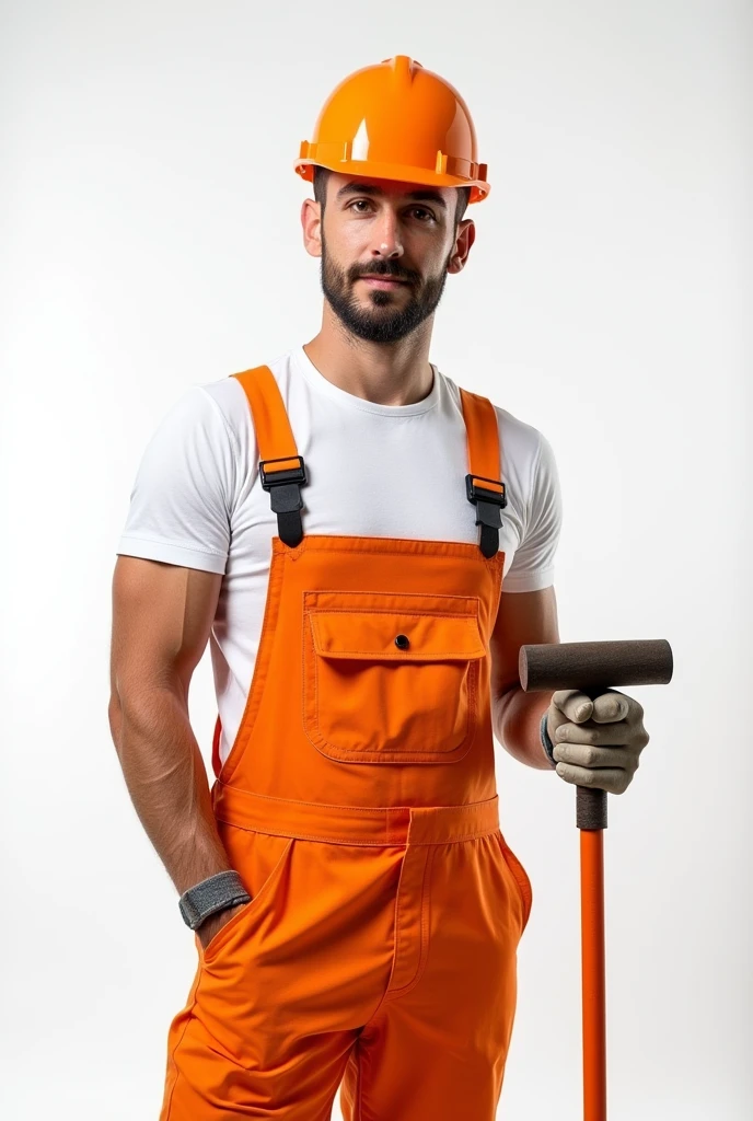 A man in a white T-shirt and orange construction overalls, holds in his hand an orange construction roller on a long handle, Studio Photography, studio lighting, realistic skin texture and detail, the man stands slightly sideways, background white uniform, The photo was taken from the waist up