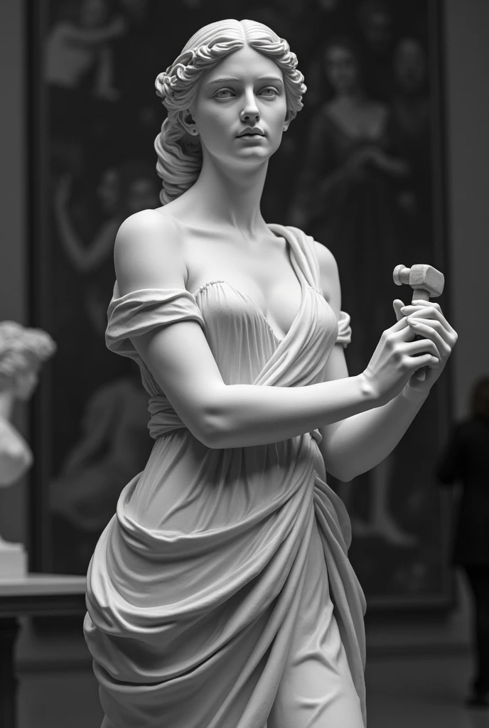 Image en noir et blanc d'une statue de femme en robe, ses bras et ses mains muni d un marteau et dun petit burin, se sculte elle meme, pour former son buste. Elle taille dans son propre marbre. Le fond d'image est dans un musée (floutée) avec des tableau (en couleurs).