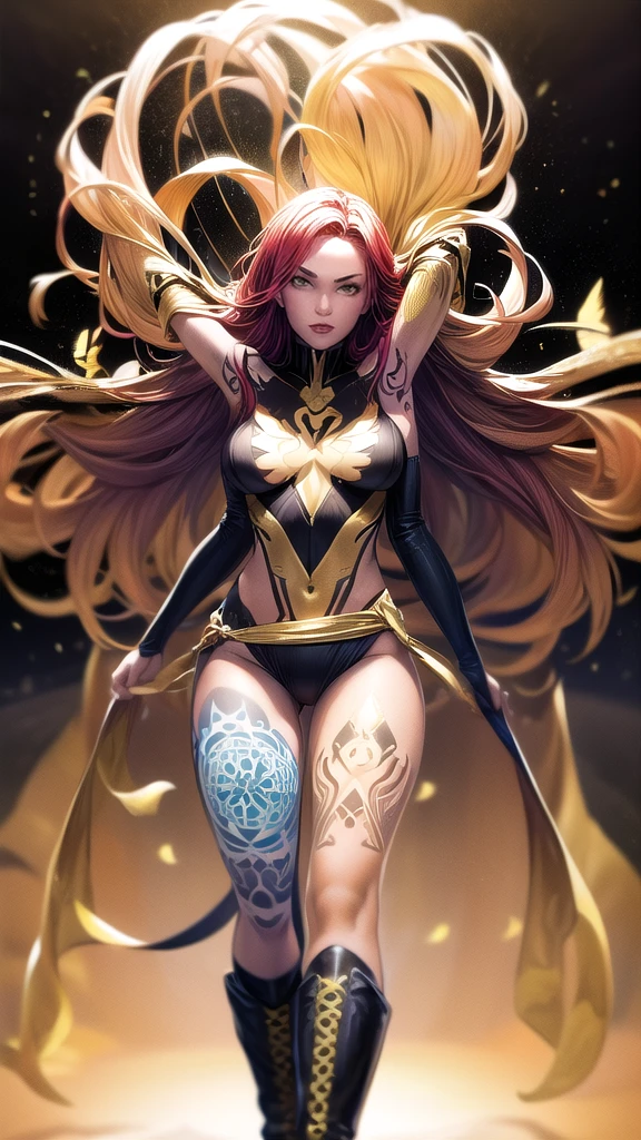 1girl, solo, Jean Grey of X-men, high leg cut out unitard of black and gold, boob window in unitard, ((thighs showing)), ((calf-high boots)), (color mandala tattoos on thighs:1.37), wings on hips, floating in space, arms out in power pose, contrapposto stance, dramatically colorful cosmic background, moody lighting, 16k, best quality, masterpiece, (wide angle:1.27), full length portrait