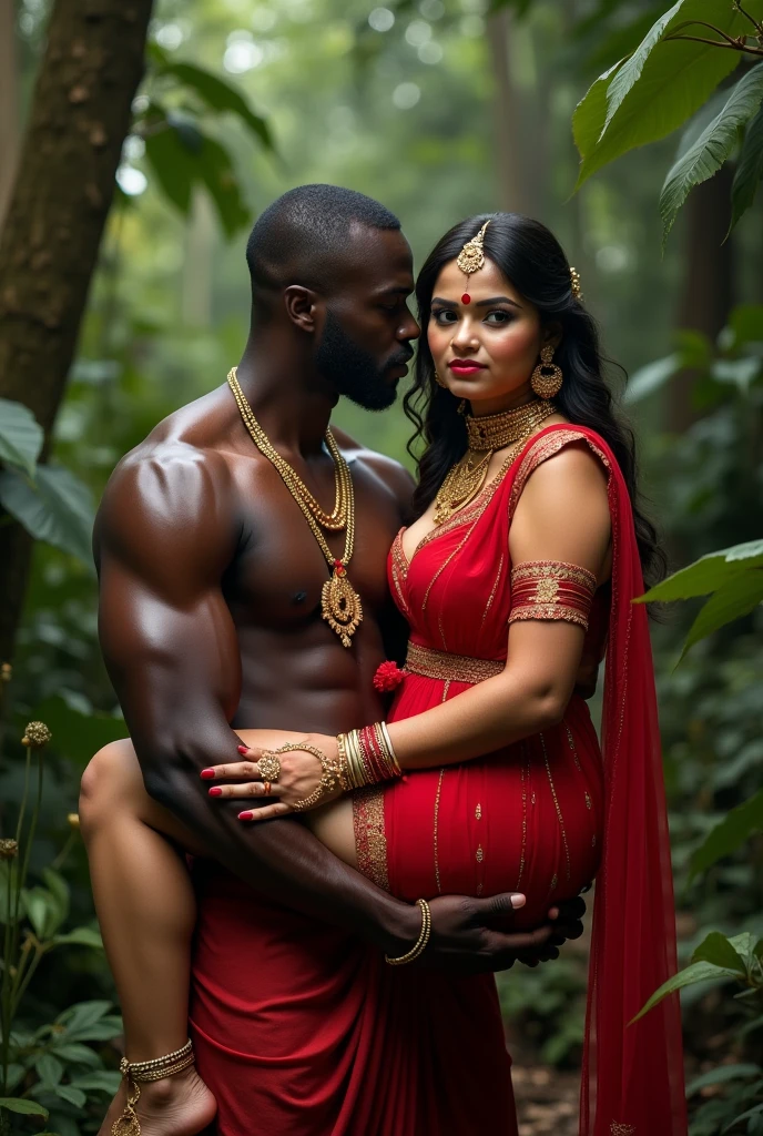 Indian Sexy Curvy milf women,with big boobs,big ass ,chubby face ,red mini transpaeent frock,Red Sindur ,Red bindi , Honeymoon red bangles,Stud chain earrings,Forehead Pendant ,Long gold Mangalsutra,4 gold Necklace, Diamond ear pin ,Gold Armlet,gold waist chain ,full photo, carry by a black muscular African muslim man on his Arm in a jungle,both are looking straight to camera for pose