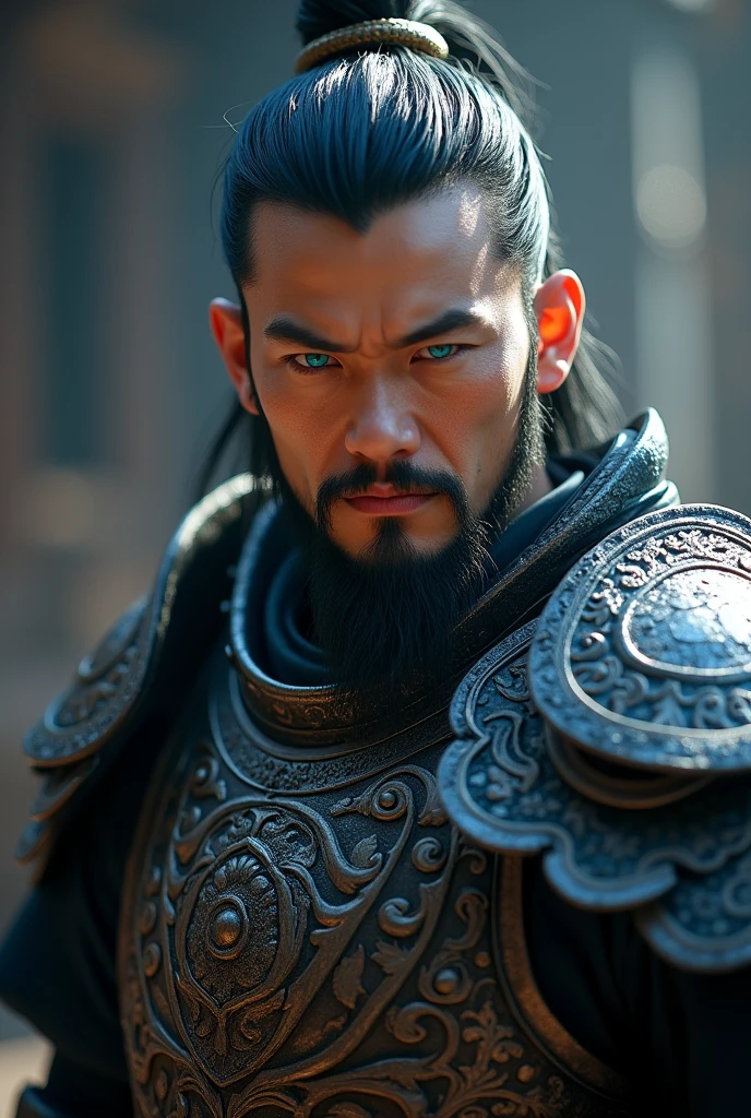 An Asian man, blue colored eyes,perfect lighting,with armor,Grinning
