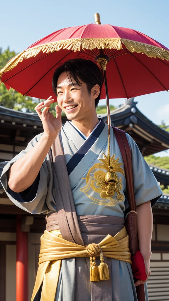 "Create an image of Daikokuten, the Japanese god of wealth and prosperity, depicted as a jovial and plump figure. He is wearing a traditional Japanese hat and clothing, with a large sack slung over his shoulder. In his right hand, he holds a small magic mallet known as 'Uchide no Kozuchi,' which symbolizes the granting of wishes. His expression is kind and inviting, conveying a sense of abundance and good fortune. The background features a shrine setting with rice bales and coins, symbolizing prosperity."