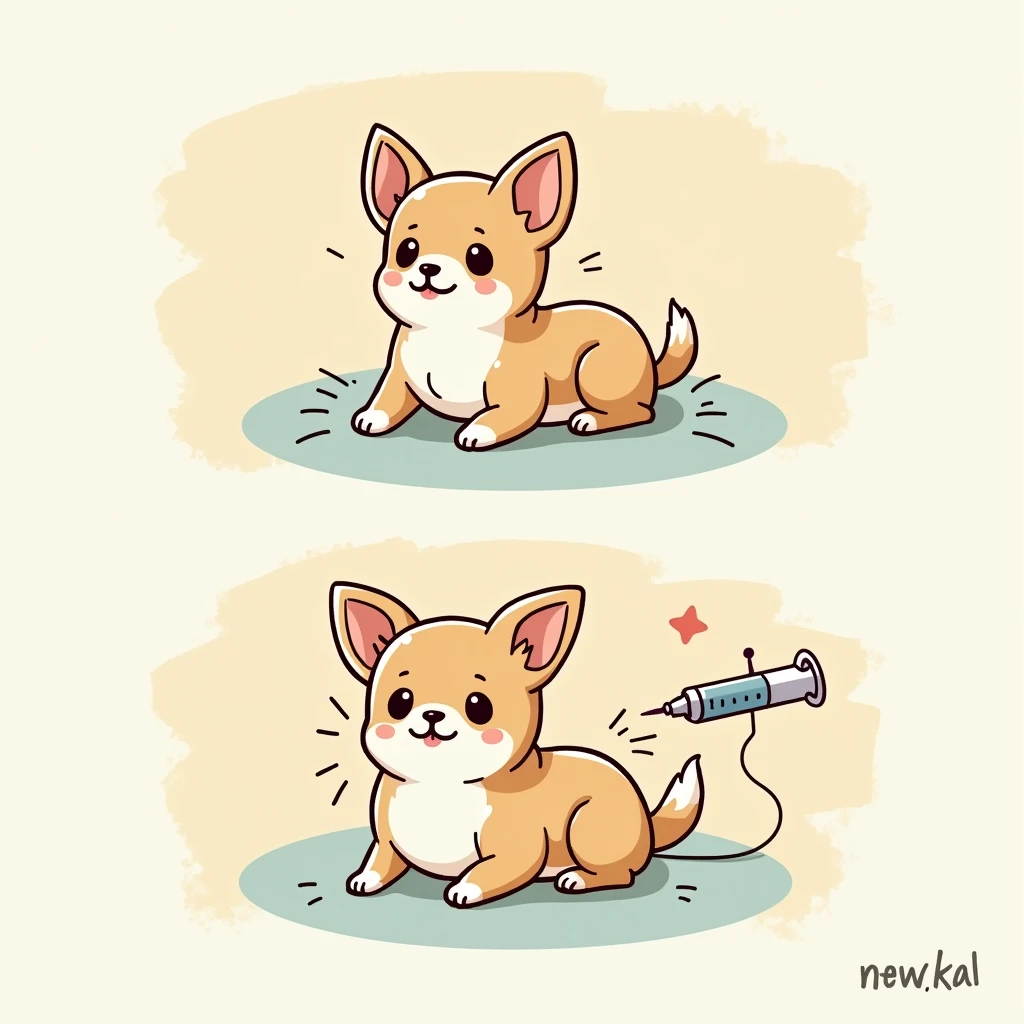 Chibi Style, 2-panel cartoon, dot halftone, Flat Color,Chihuahua having blood drawn,Chihuahuas are cream colored,smile, 