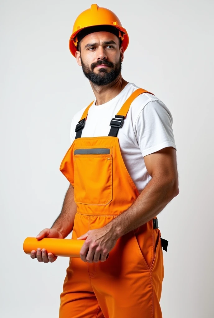 A man in a white T-shirt and orange construction overalls, holds an orange roller on a long handle in his hand, Studio Photography, studio lighting, realistic skin texture and detail, the man stands slightly sideways, background white uniform, The photo was taken from the waist up