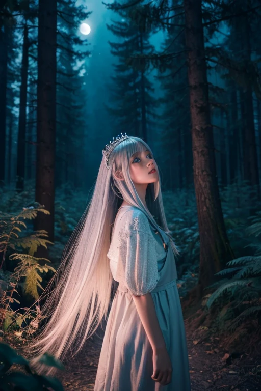 Strawberry Princess Her hair is silver straight Beautiful in the wind In a cinematic setting In the dark forest The overall beauty increases Fantastic night sky