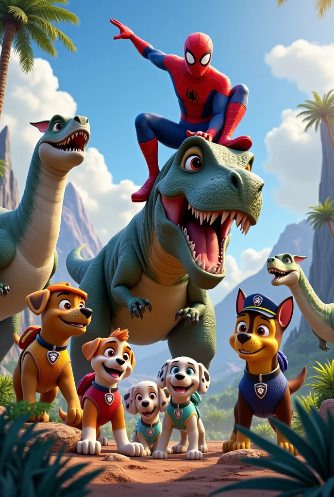 I want an image that contains the paw patrol,dinosaurs and spiderman together 
