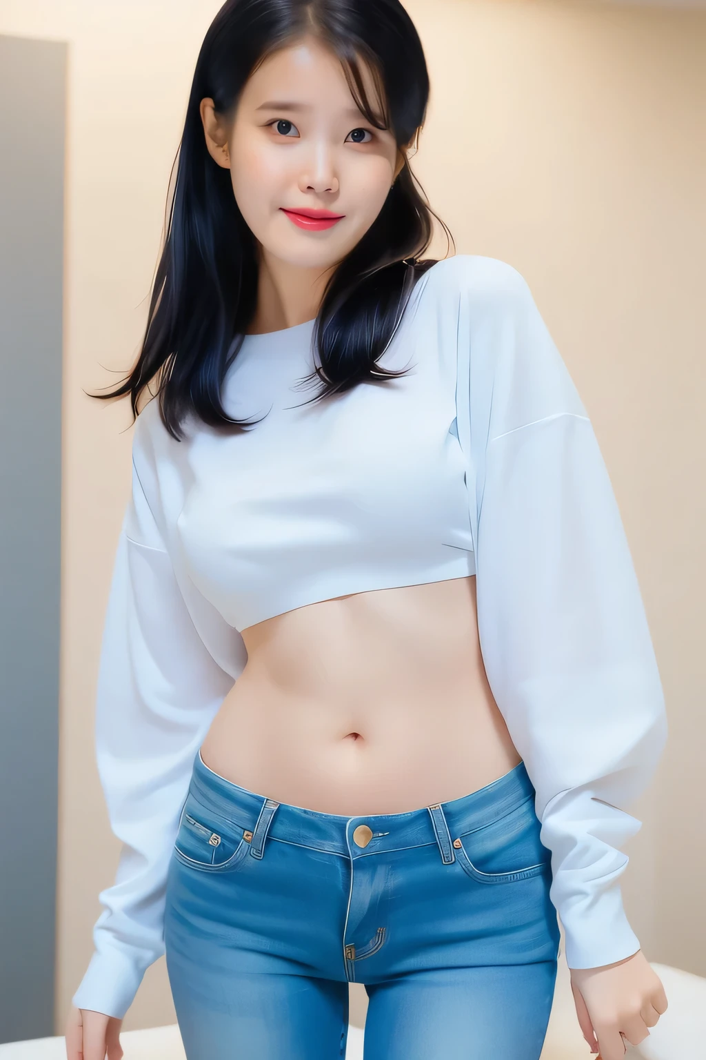 Korean woman sexy posing on a studio, tiny perky breasts, white tiny t-shirt long sleeves, abdomen is exposed and a little of her bra is also exposed, tight light blue jeans, Lee Ji Eun, thigh gap, iu, long hair 