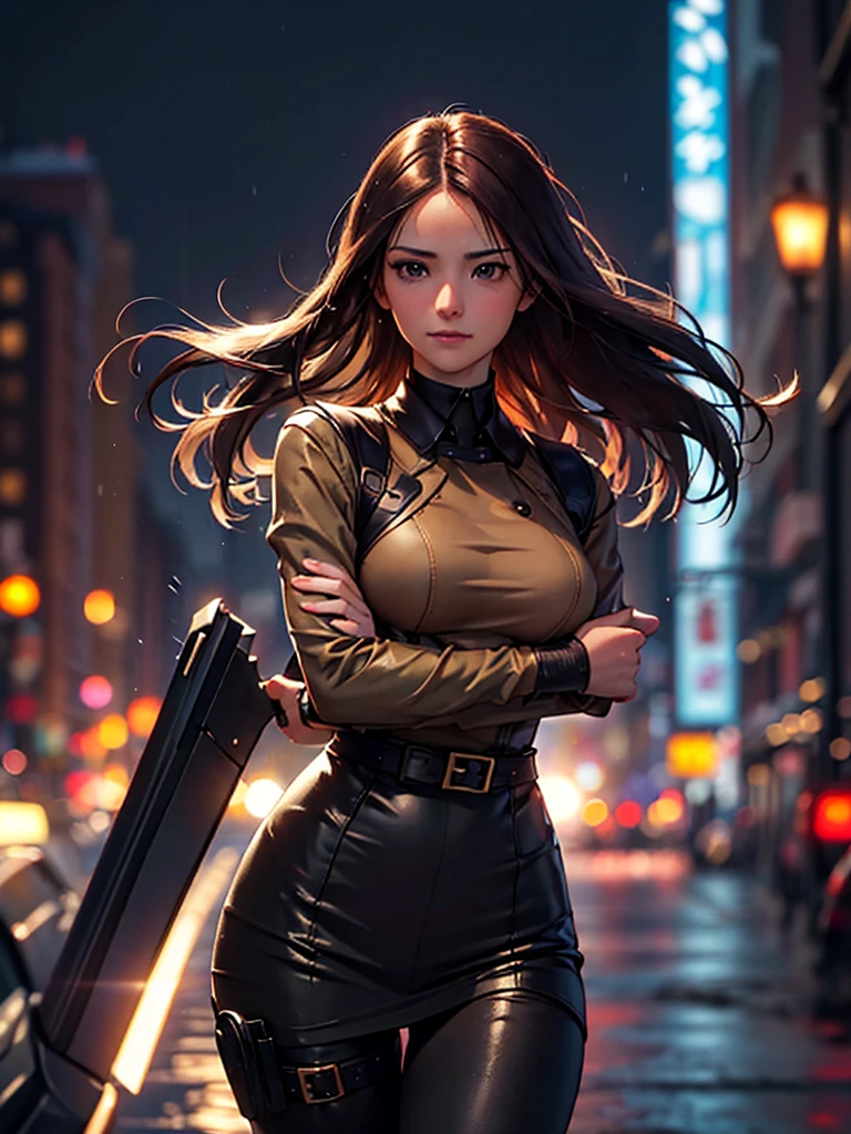 (at night), in a video game scene in the background a beautiful city at night raining, alone, alone, Standing at attention, pink suit, woman's military suit, semi-long hair, ((semi-long hair)), 1 girl, 20 years old, young woman, perfect hands, beautiful fingers, beautiful long legs, beautiful body, beautiful nose, beautiful character design, perfect face, looking straight at the viewer with an annoyed gesture, brings her whip with her hands (focusing on his face), closed mouth, light_smile, official art, Extremely detailed CG unity 8k wallpaper, Perfect lighting, bright and colorful front lighting, glowing skin (masterpiece: 1.0), (Best_quality: 1.0), ultra high resolution, 4k , ultra detailed photography, 8K, hdr, High resolution, Nonsense:1.2, Kodak portrait 400, film grain, Blurred background, bokeh:1.2, Lens flare, (vibrant_color:1.2), professional photography, (Beautiful, breasts: 1.4), (Beautiful_face: 1.5), (narrow waist),
