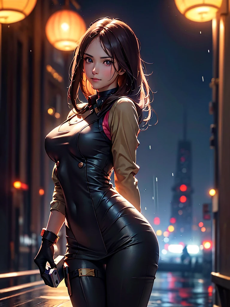 (at night), in a video game scene in the background a beautiful city at night raining, alone, alone, Standing at attention, pink suit, woman's military suit, semi-long hair, ((semi-long hair)), 1 girl, 20 years old, young woman, perfect hands, beautiful fingers, beautiful long legs, beautiful body, beautiful nose, beautiful character design, perfect face, looking straight at the viewer with a serious and angry gesture, she has a whip in her hands ( focusing on his face), closed mouth, light_smile, official art, Extremely detailed CG unity 8k wallpaper, Perfect lighting, bright and colorful front lighting, glowing skin (masterpiece: 1.0), (Best_quality: 1.0), ultra high resolution , 4k, ultra detailed photography, 8K, hdr, High resolution, Nonsense:1.2, Kodak portrait 400, film grain, Blurred background, bokeh:1.2, Lens flare, (vibrant_color:1.2), professional photography, (Beautiful, breasts: 1.4), (Beautiful_face: 1.5), (narrow waist),
