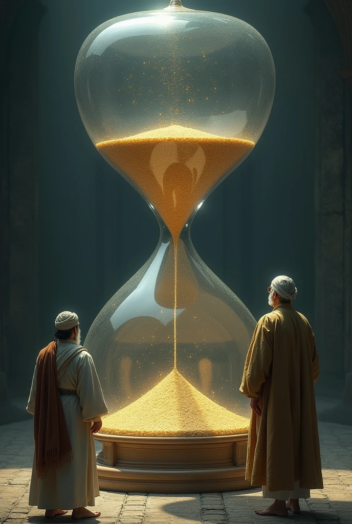 Lesson for All**: A symbolic image of a large hourglass with sand running out, representing the inevitability of death, with both Akbar and Birbal standing at the base, watching it together.