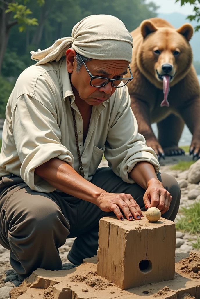 The old sculptor. Japanese, Traditional Craftsmen, White rough shirt, Rough cotton trousers, nervous face, Glasses that are about to fall off, A head towel wrapped like a pirate, concentrated, Carving work, Carving a partially dug block of wood, Roughly carved block of wood, A big bear walks up behind me, Walking with a salmon in his mouth