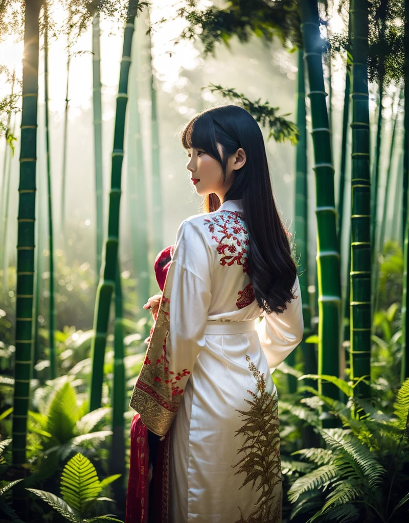 girl[Thai]A beautiful woman stands amidst a dense forest of mist. She wears an elaborate robe with nature-inspired embroidery and holds a[Bamboo walking stick] Her long dark hair, adorned with an intricate hair clip, flowed down her back. Soft light filtered through the trees, creating a quiet and beautiful atmosphere.