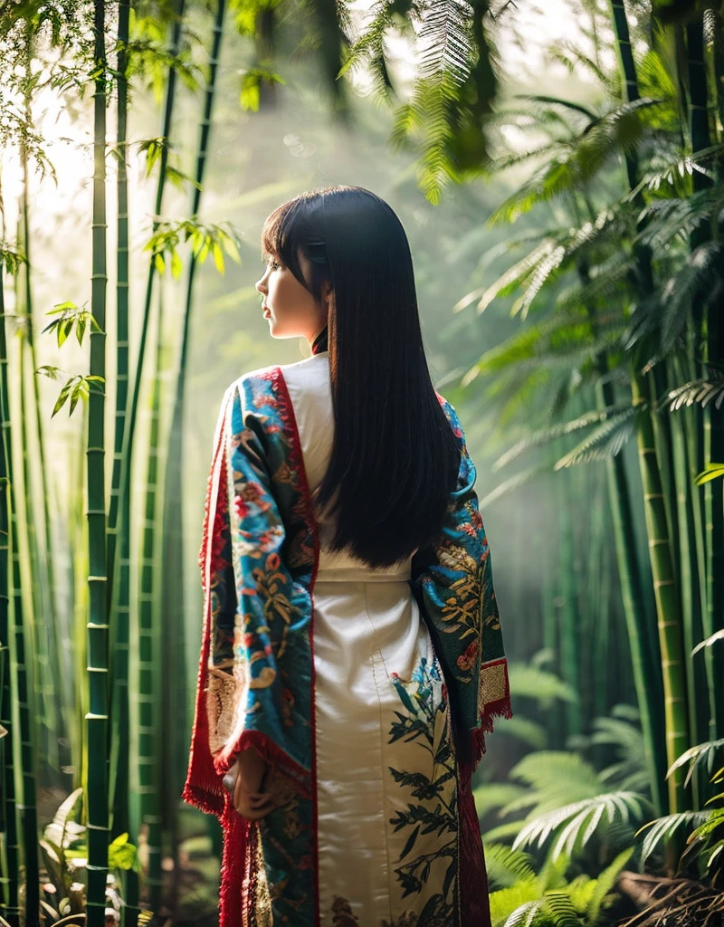 girl[Thai]A beautiful woman stands amidst a dense forest of mist. She wears an elaborate robe with nature-inspired embroidery and holds a[Bamboo walking stick] Her long dark hair, adorned with an intricate hair clip, flowed down her back. Soft light filtered through the trees, creating a quiet and beautiful atmosphere.