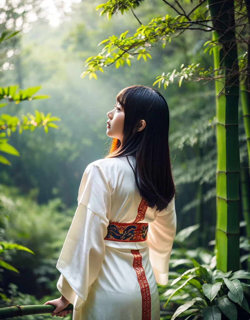 girl[Thai]A beautiful woman stands amidst a dense forest of mist. She wears an elaborate robe with nature-inspired embroidery and holds a[Bamboo walking stick] Her long dark hair, adorned with an intricate hair clip, flowed down her back. Soft light filtered through the trees, creating a quiet and beautiful atmosphere.