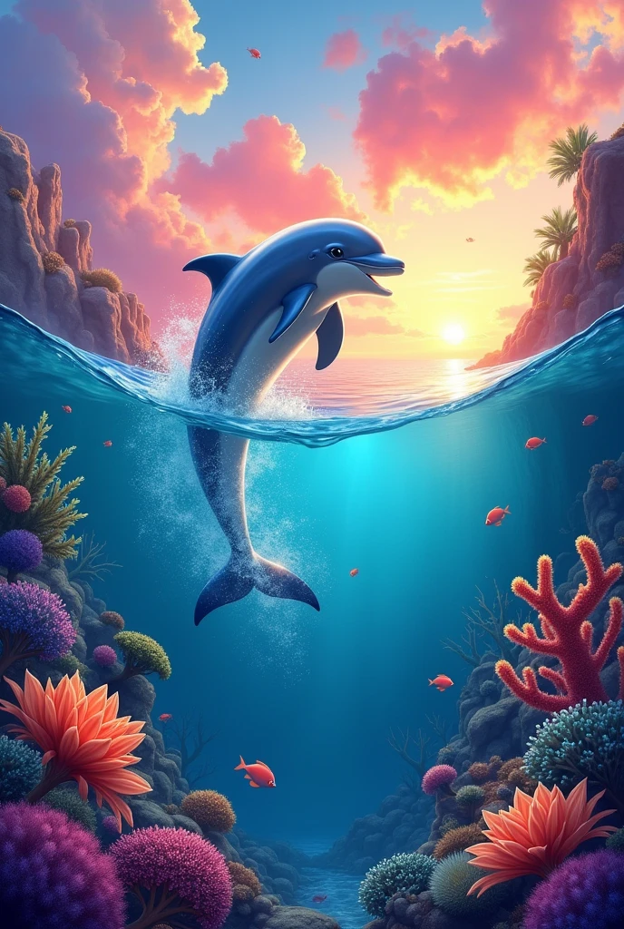 Draw a dolphin jumping in the sea, with a pink colored corals, yellow, greens, blue, etc. in the pinkish orange sunset and with many colorful elements, with the vibe of the mermaid adventure movie or like the Symphony trend on TikTok