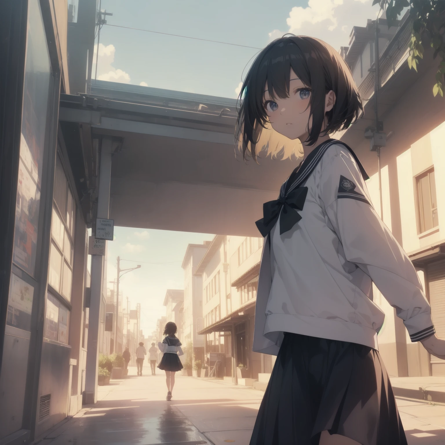 ultra-absurdres-Top quality by artist God, ultra-detailed, high resolution, anime moe artstyle, best anime 8k konachan wallpaper, pixiv contest winner, pool:2810, perfect anatomy,break, 1girl, (Please draw a girl walking sleepily to school alone. )break,(Solo,little female,15yo:1.3),Full limbs, ,a junior high school student, (very short hair), short cut, flat chest, , small butt, small black eyes, beautiful detailed eyes, well-proportioned iris and pupils, expressive eyes, highres detailed hair, soft expression, salor school_uniform, sailor collar, serahuku, bow, pleated skirt,(Detailed Lighting), (Detailed background), in the School commute route. break,super detailed skin, Best cinematic lighting powered by famous artist, 8k,beauty illustration,photoshop_(medium),very aesthetic,break,((artist:echo_(circa) )), artist:clamp ,artist:carnelian ,artist:kantoku ,
