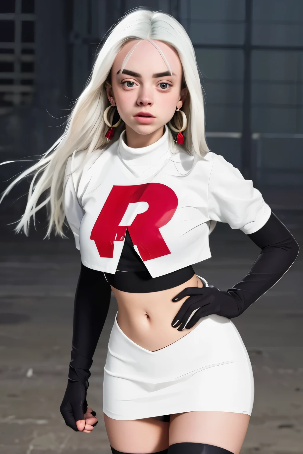 The face of billie eilish, 1girl, solo, team rocket,team rocket uniform,white skirt,red letter R,crop top,black thigh-highs,black elbow gloves, earrings, large breasts,
