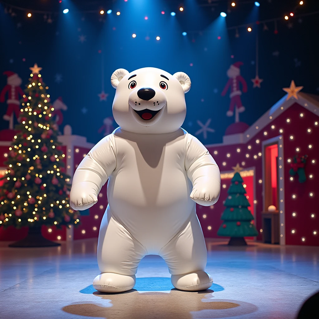 an actor with Inflatable Polorbear custome  on a Christmas Show Stage, (Practical, RAW photos, Super Fine), Practical Light