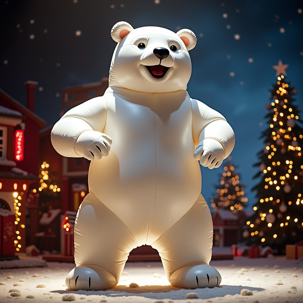 an actor with Inflatable Polorbear custome  on a Christmas Show Stage, (Practical, RAW photos, Super Fine), Practical Light