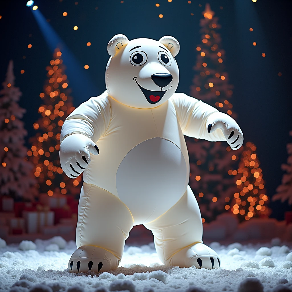 an actor with Inflatable Polorbear custome  on a Christmas Show Stage, (Practical, RAW photos, Super Fine), Practical Light