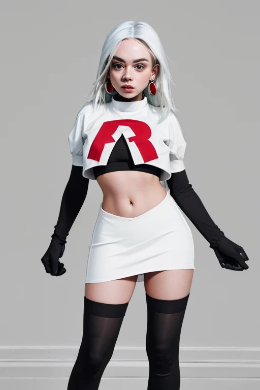 The face of billie eilish, 1girl, solo, team rocket,team rocket uniform,white skirt,red letter R,crop top,black thigh-highs,black elbow gloves, earrings, large breasts,