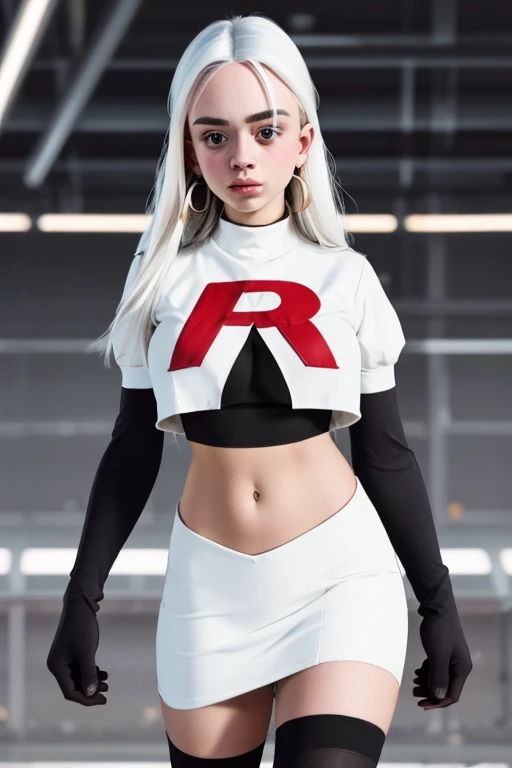 The face of billie eilish, 1girl, solo, team rocket,team rocket uniform,white skirt,red letter R,crop top,black thigh-highs,black elbow gloves, earrings, large breasts, 