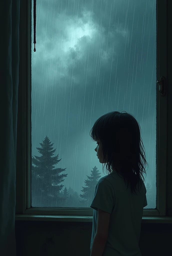 A girl, , alone , lokking out of window, heavy rain outside , strong wind, trees out side